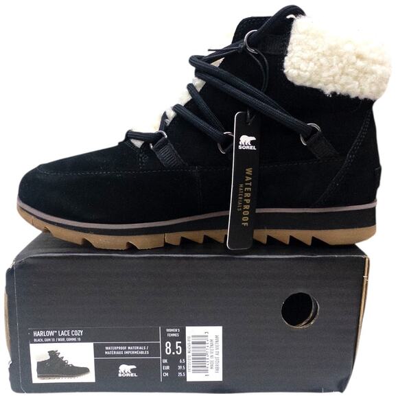 Sorel Harlow Lace Cozy Winter Snow Boots Black Suede  Women's size 8.5 - Picture 1 of 9